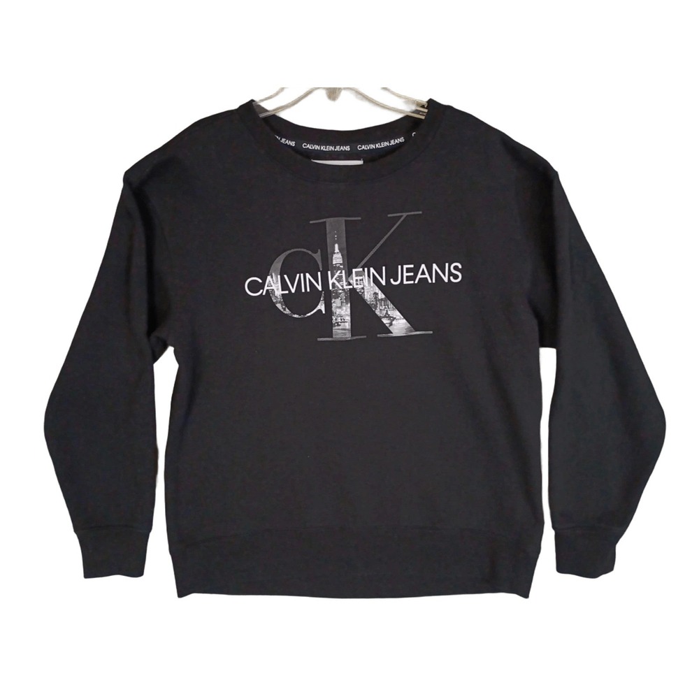 Calvin Klein Jeans Womens S Crewneck Black Graphic Logo Sweatshirt Pullover